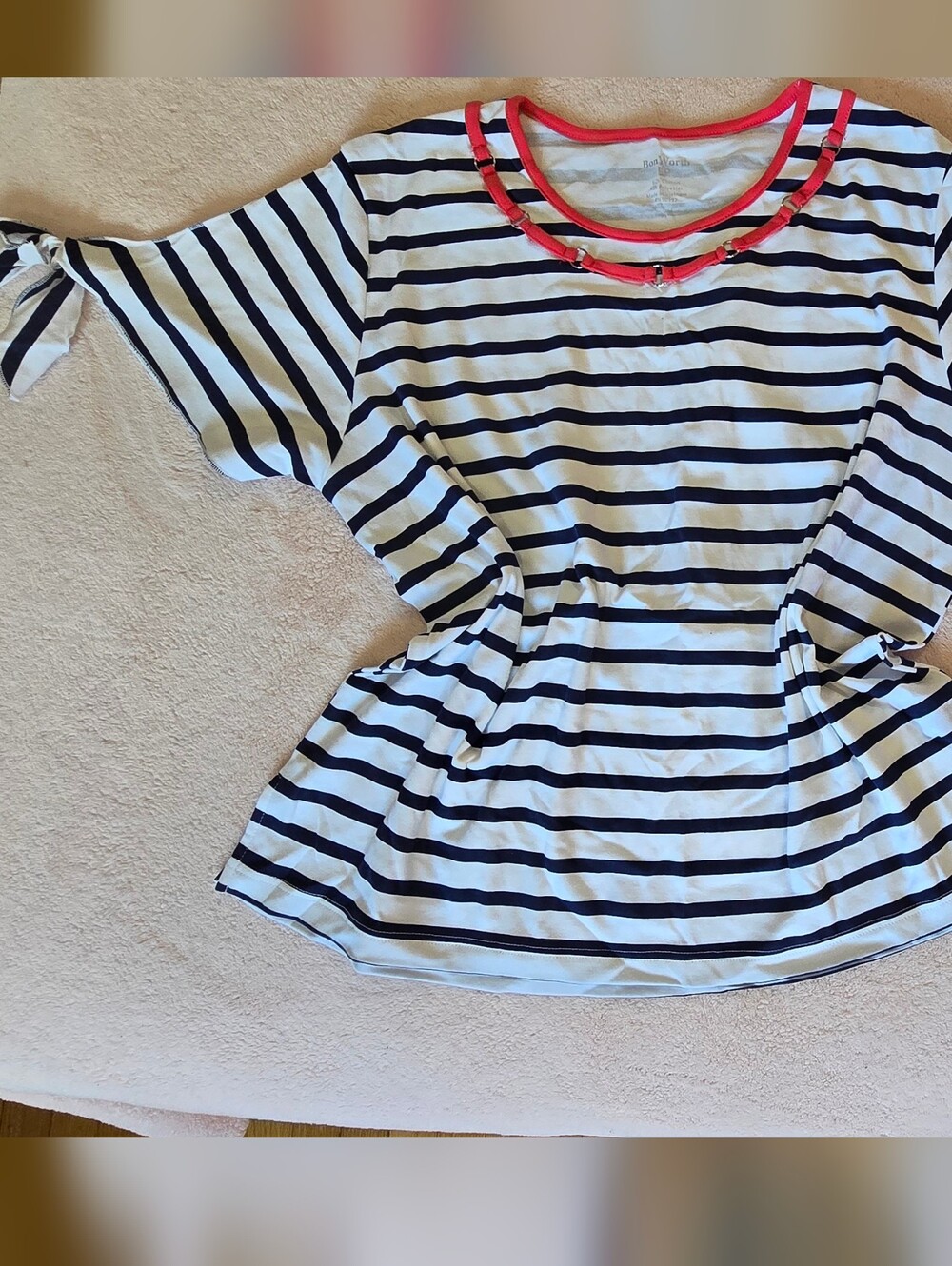 Blouse - BON WORTY Navy & White Striped Tank with Coral Trim
